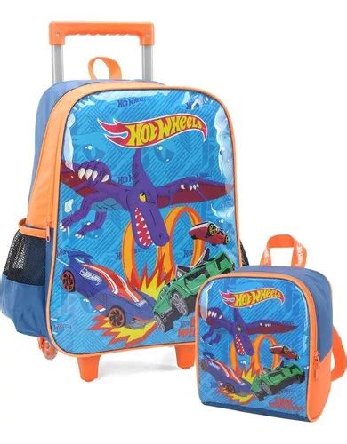 Kit Mochila De Rodinha Hot Wheels Lancheira Luxcel 34462 Cor Azul