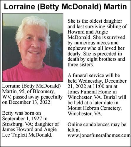 Lorraine (Betty McDonald) Martin | Obituaries | winchesterstar.com