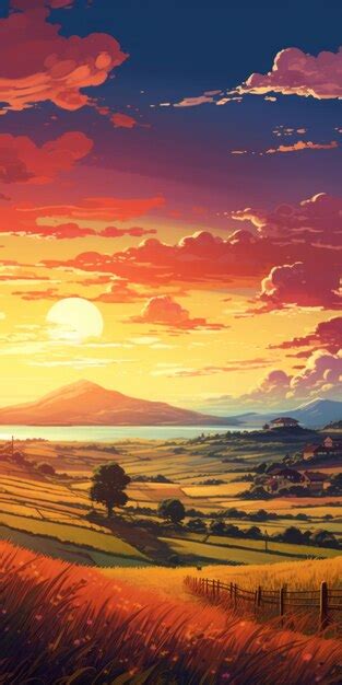 Premium Photo Vibrant Anime Art Serene Sunset Landscapes By Valentin