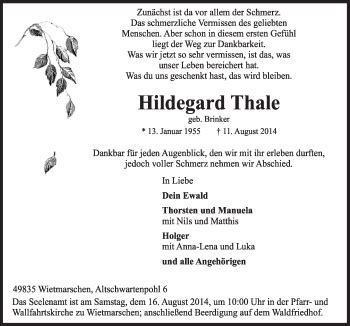 Traueranzeigen Von Hildegard Thale Noz Trauerportal