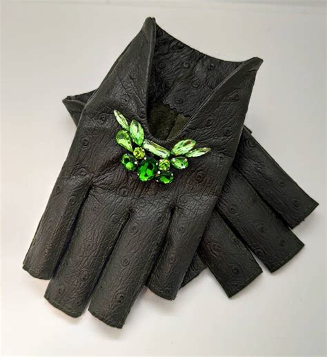 Womens Olive Dark Green Leather Gloves Fingerless Star Etsy