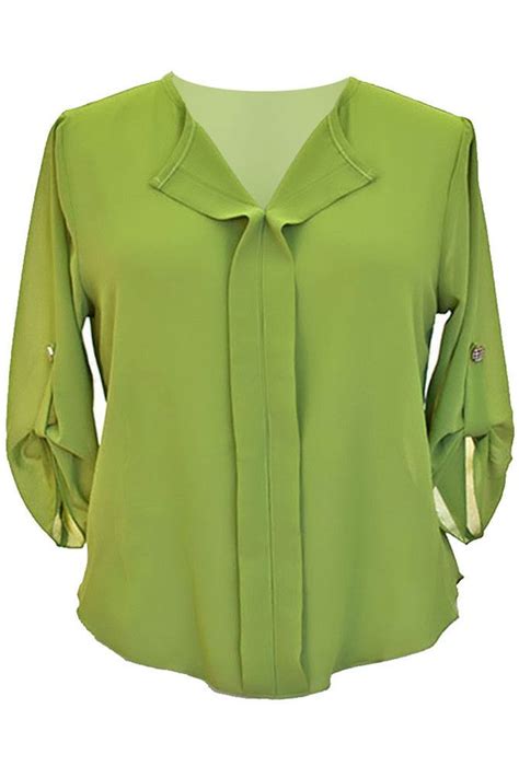 Plus Size Semi Sheer 34 Sleeve Chiffon Blouse Green Outfits For