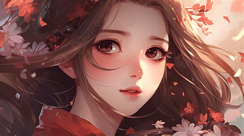 Anime Style Girl With Red Flower On Her Head Background Beautiful