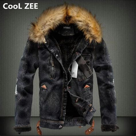 CooL ZEE 2018 Mens Denim Jacket With Fur Collar Retro Ripped Fleece