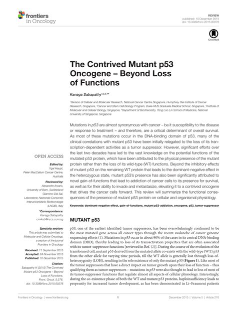 Pdf The Contrived Mutant P53 Oncogene Beyond Loss Of Functions