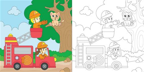 Coloring Fireman Save A Kitten 23922219 Vector Art At Vecteezy