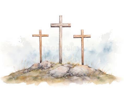 Watercolor Illustration of Three Wooden Crosses on a Hill with Grass ...