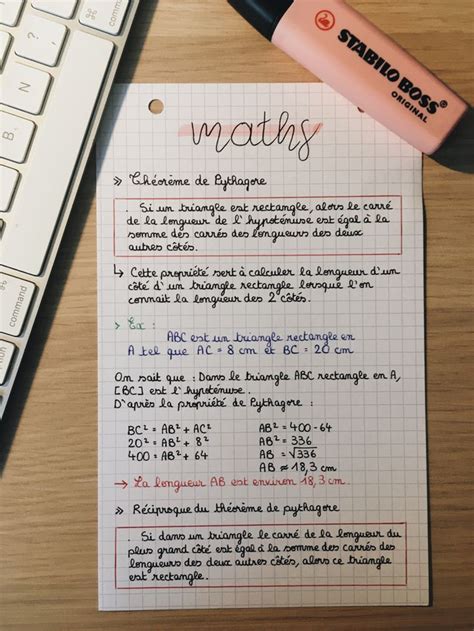 Théorème de pythagore Fiche de maths Fiches mémo Cours de maths