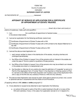 74B Affidavit Of Service Of Application For A Certificate Of