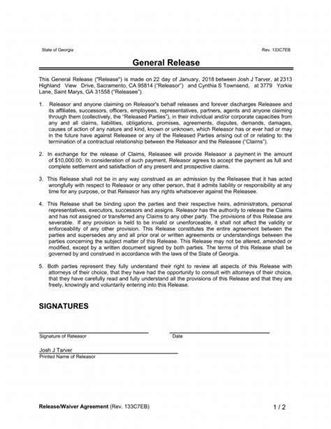 Free Release Of Liability Waiver Agreement Form Pdf Word