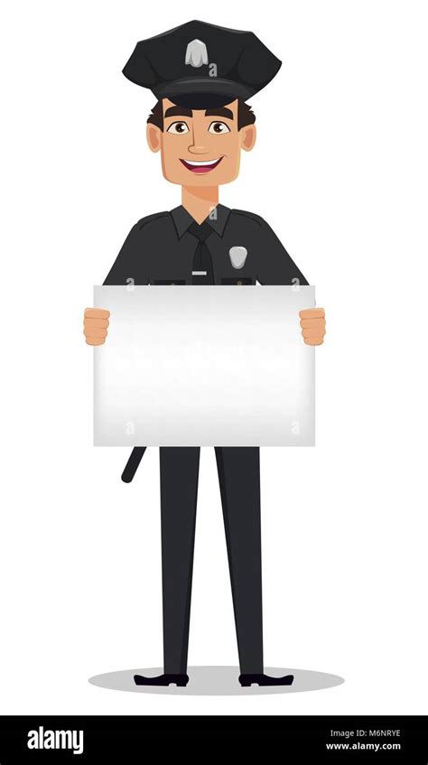 Police Officer Policeman With A Blank Placard Smiling Cartoon