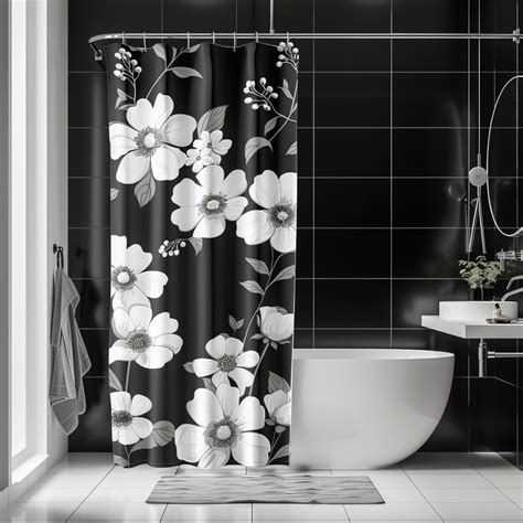 Black And White Floral Shower Curtain For Modern Bathroom Wall Tiles