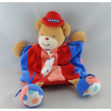 Doudou Plat Marionnette Ours Bleu Rouge Rose Takinou