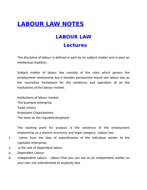 Labour Law Notes Labour Law Notes Labour Law Lectures The Discipline