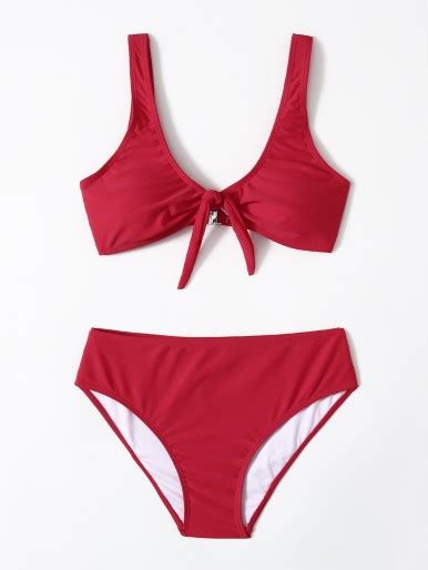 Shein Solid Tie Front Bikini Swimsuit