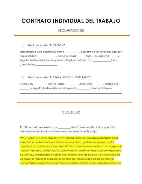 Contrato Individual De Trabajo Derecho Contrato Individual Del