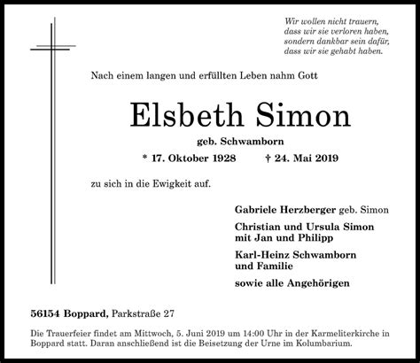 Traueranzeigen Von Elsbeth Simon Rz Trauer De