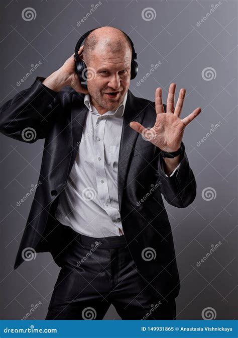 Happy Emotional Dancing And Singing Bald Man Listening The Music In