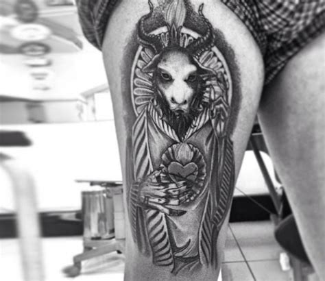 Mystical Black And White Detailed Demonic Goat Tattoo On Thigh Tattooimages