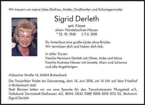 Traueranzeigen Von Sigrid Derleth Vrm Trauer De