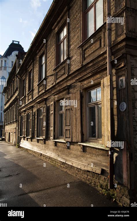 Window Of A Wooden House In Riga Latvia The Building Is Painted Green