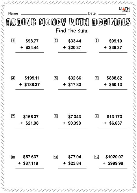 Adding And Subtracting Decimal Worksheets