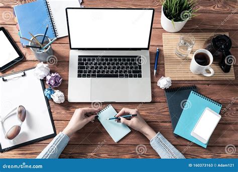 Woman Writing In Notebook With Pen At Desk Stock Image Image Of