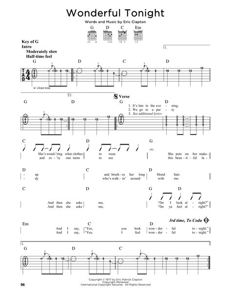 Wonderful Tonight By Eric Clapton Guitar Lead Sheet Guitar Instructor