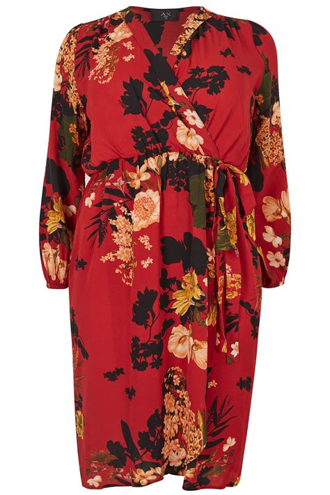 Ax Paris Curve Red Floral Wrap Dress Plus Size 16 To 26