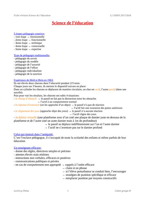 Fiche de révision Examen L1 STAPS Fiche révision Science de l