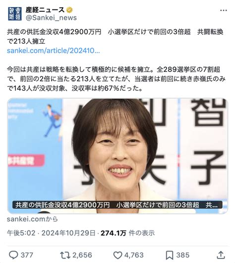 【日本共産党】衆院選で4億2900万円の供託金が没収される 候補者213人中、小選挙区での当選は1名のみ Rapt理論α