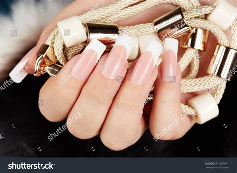 Hand Long Artificial French Manicured Nails Stock Photo Edit Now