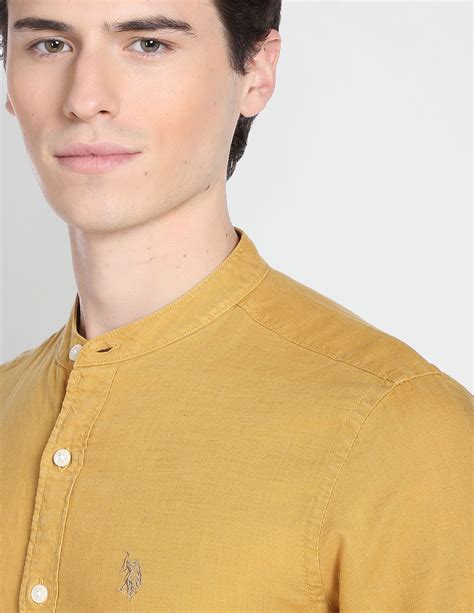 Men Mustard Mandarin Collar Solid Casual Shirt Us Polo Assn India