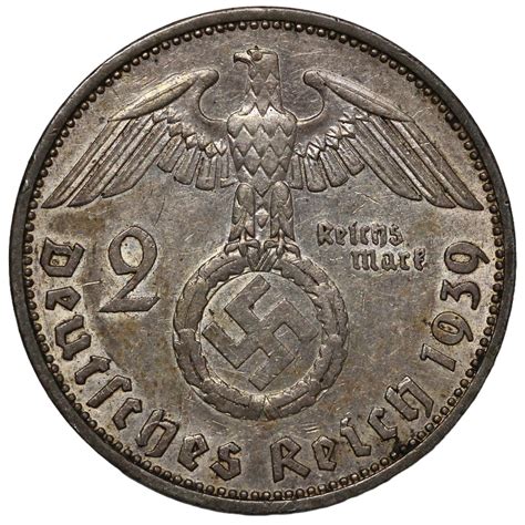 Germany Third Reich 1939 A 2 Reichsmark KM 93 Swastika Hindenburg