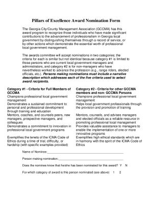 Fillable Online Pillars Of Excellence Award Nomination Form Doc Fax