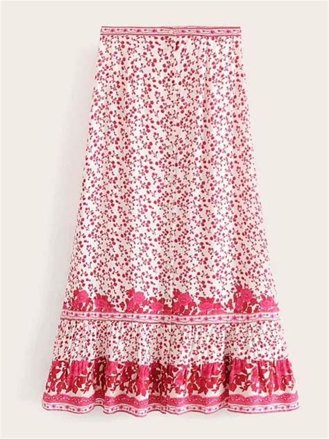 Ditsy Floral Button Front Ruffle Hem Skirt Bohemian Skirt Hem Skirt