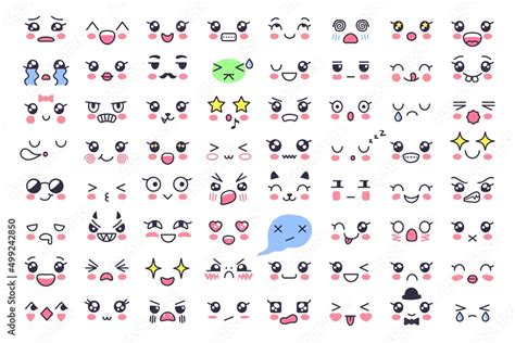 Kawaii faces. Cute eyes, expressive emotion face and japanese style ...