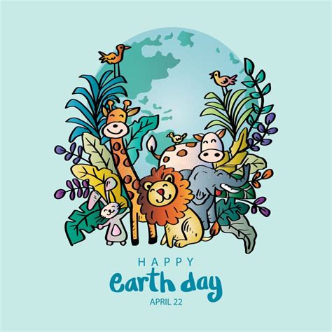 Feliz Dia Da Terra Animais E Plantas Ilustração do Vetor