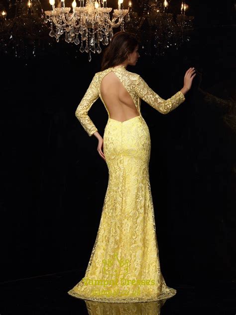 Yellow Lace Long Sleeve Open Back Mermaid Prom Gown With Keyhole Front Vampal Dresses