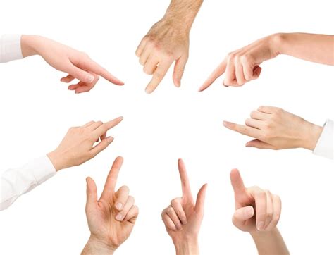 collection   human hands pointing fingers isolated  white