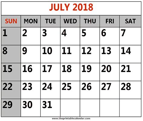 July 2018 Printable Calendars