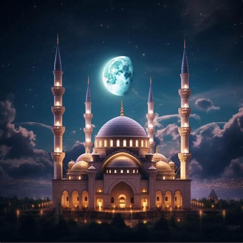 Premium AI Image | Mosque and moon in the night sky Ramadan Kareem ...