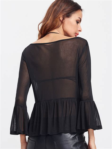 Bell Sleeve Mesh Peplum Top Shein Sheinside