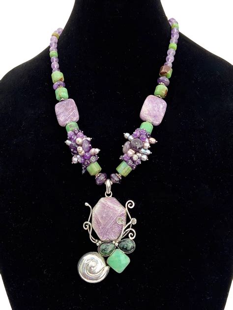 Purple And Green Gemstone Statement Necklace Charoite Chrysoprase