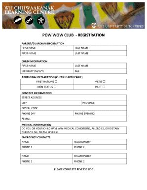 Fillable Online Uwinnipeg Pow Wow Club Registration Sept 2015 Fax