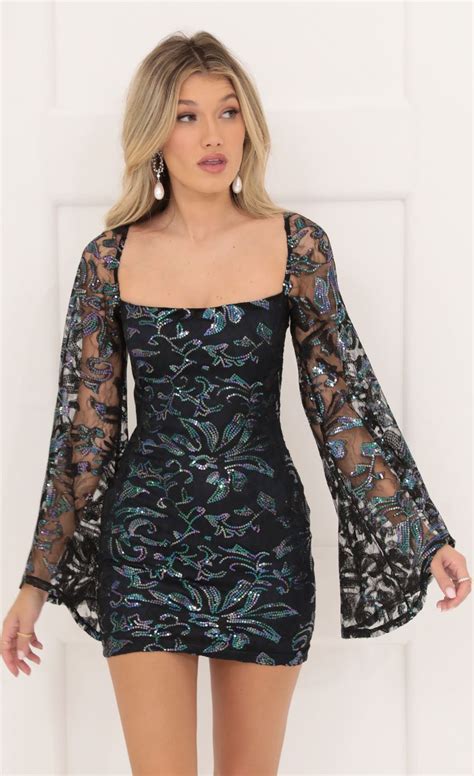 Elly Black Mesh Sequin Flare Sleeve Dress In Navy LUCY IN THE SKY