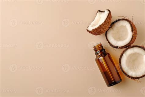 Ai Generated Coconut Essential Oil On Pastel Beige Background With