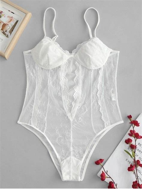 34 Off 2021 Lace Mesh Cami Sheer Lingerie Teddy In White Zaful