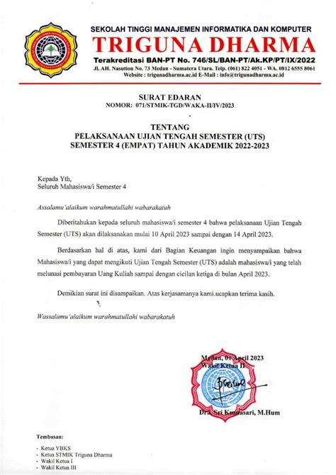 STMIK TRIGUNA DHARMA Surat Edaran Pelaksanaan Ujian Tengah Semester