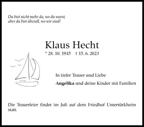 Traueranzeigen Von Klaus Hecht Stuttgart Gedenkt De